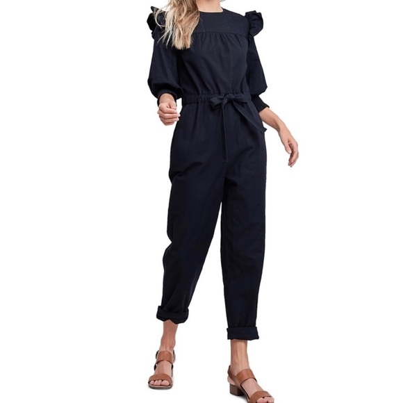 En Saison Pants - EN Saison Black Cotton Poplin Ruffle Jumpsuit Small